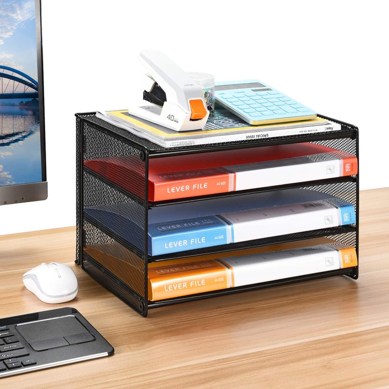 Samstar 2 Pack Paper Letter Tray, 3-Tier Desk File Organizer Paper Sorter Letter Shelf Rack, Mesh Made,Black - Image 4